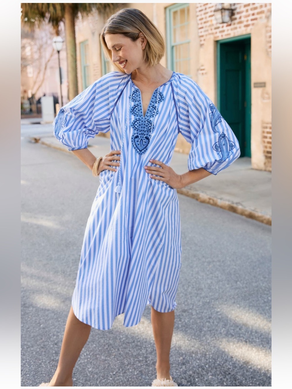 J. McLaughlin Blue & White Striped Embroidered Cotton Tunic Dress